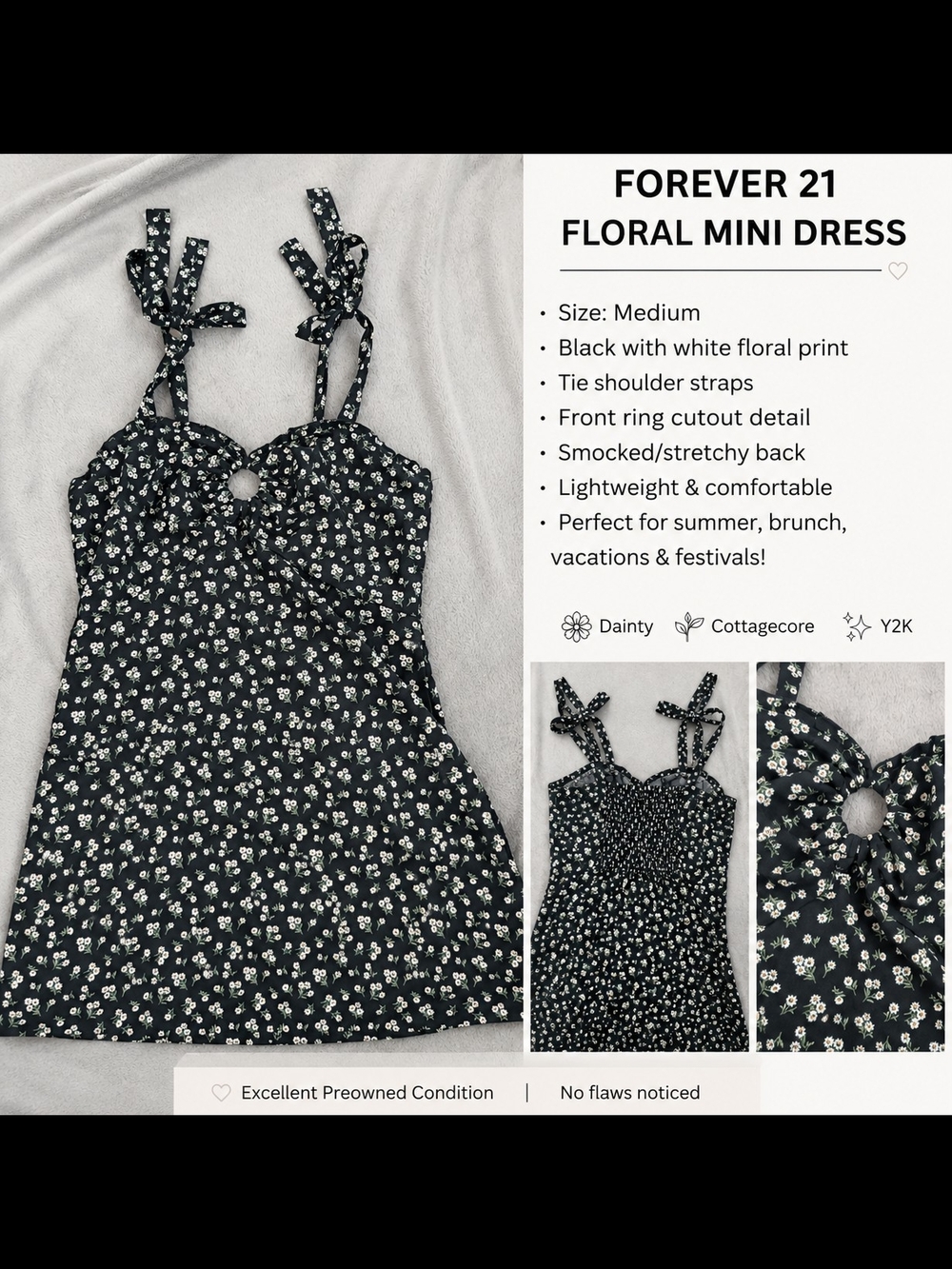 Forever 21 Floral Mini Dress Size Medium Black Daisy Tie Strap Cottagecore